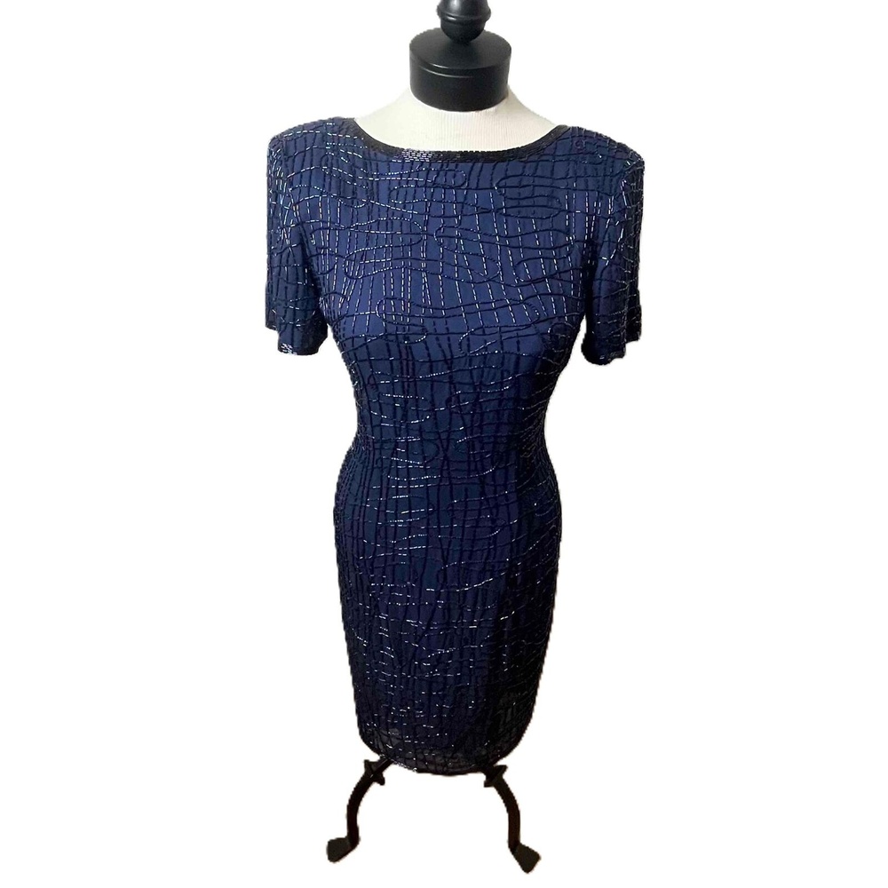 A.J. Bari Vintage Navy Blue Beaded Shift Dress Size 8